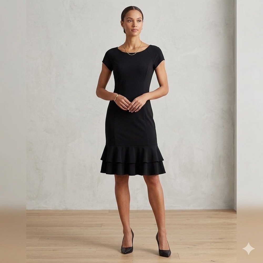 Lauren Ralph Lauren Black Tiered Ruffle Hem Sheath Dress Size 8 Short Sleeve EUC